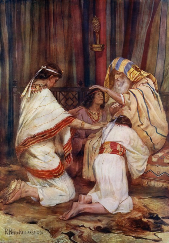 Jacob välsignar sina barnbarn (färg litho) av Robert Payton Reid