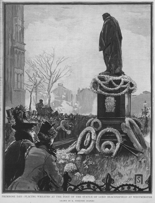 Nedläggning av kransar vid foten av statyn av den engelske statsmannen Benjamin Disraeli på Primrose Day, årsdagen av hans död, Westminster, London av Robert Ponsonby (after) Staples