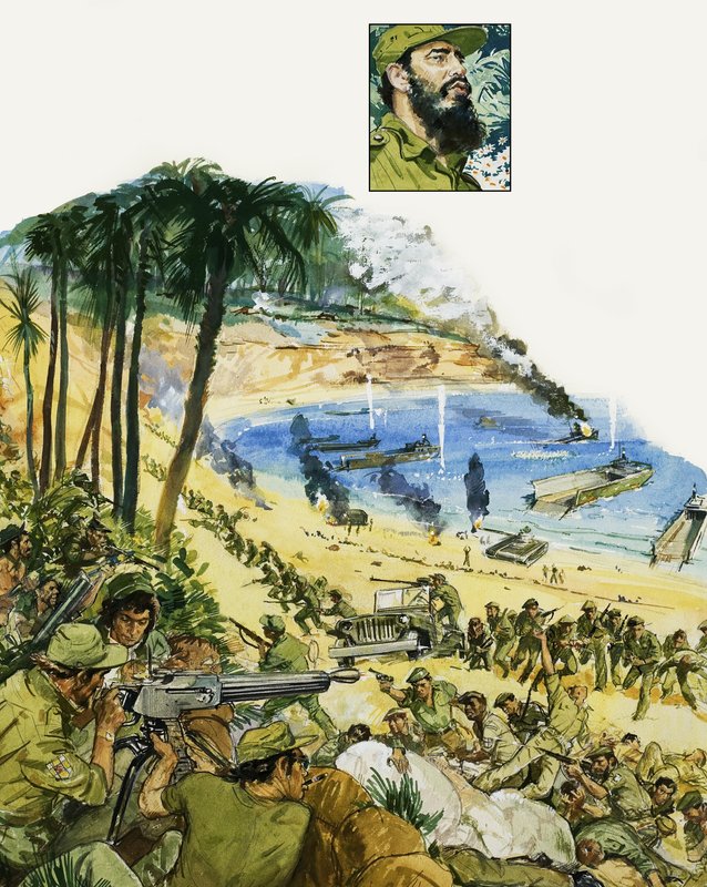 Ett tragiskt misstag, invasionen av Grisbukten (gouache på papper) av Roger Payne