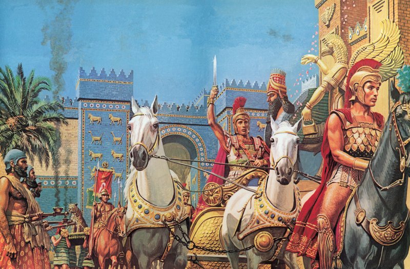 Alexander den store, buren i sin vagn, rider i triumf in i Babylon (färglitografi) av Roger Payne