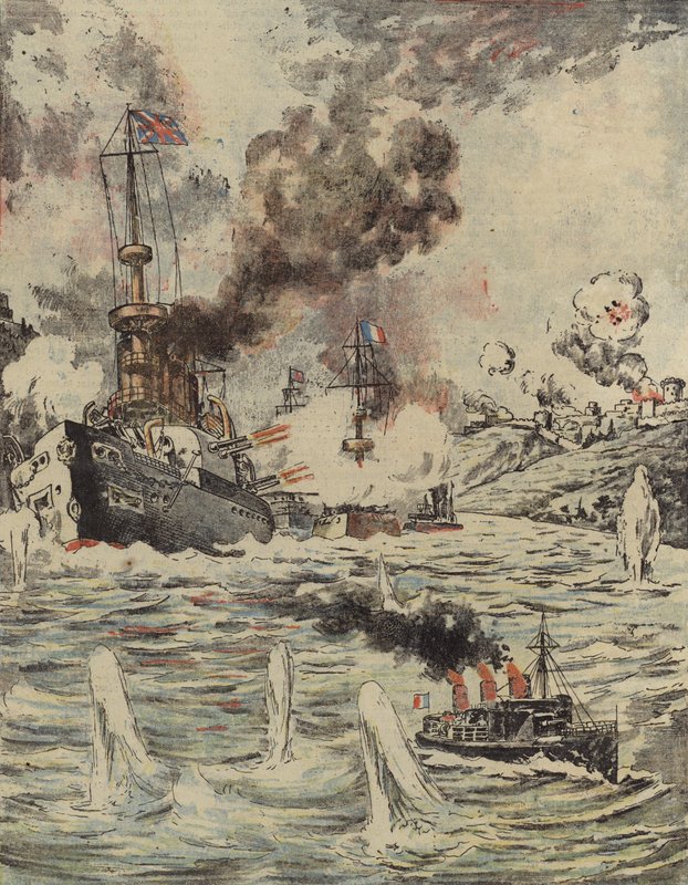 Brittiska och franska krigsfartyg bombarderar turkiska positioner i Dardanellerna, 1915 av Romanian School