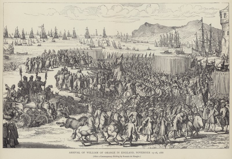 William av Oranges ankomst till England, november 1688 (litho) av Romeyn de (after) Hooghe
