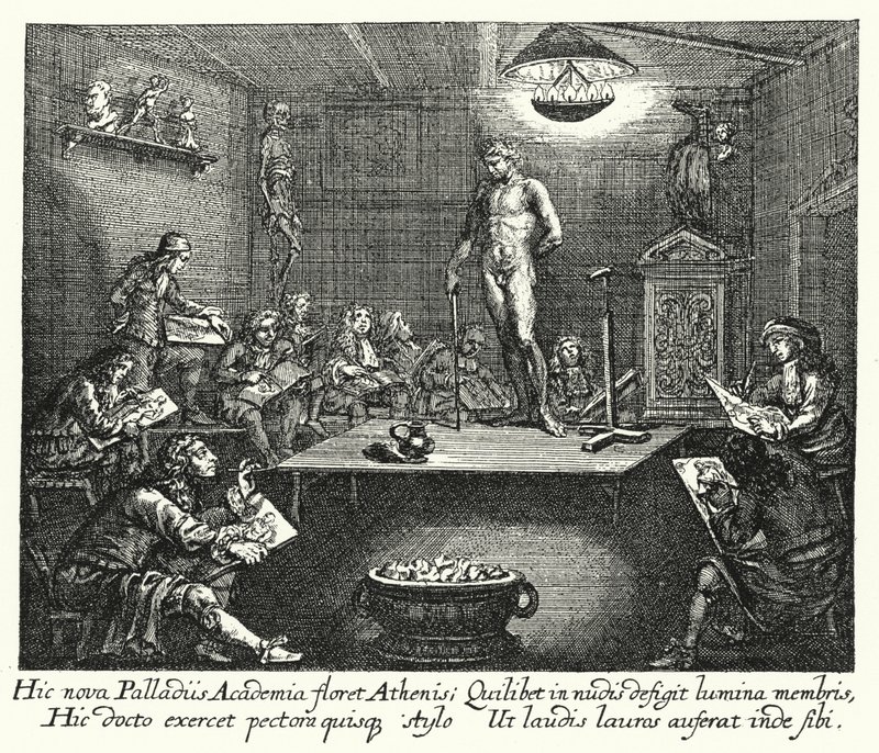 Akademien (gravyr) av Romeyn de (after) Hooghe
