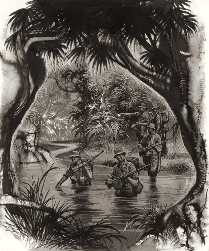 ANZAC-trupper korsar en djungelflod under en patrull under andra världskriget (gouache på papper) av Ron Embleton