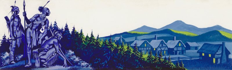 Amerikanska indianer observerar några nybyggare (gouache på papper) av Ron Embleton