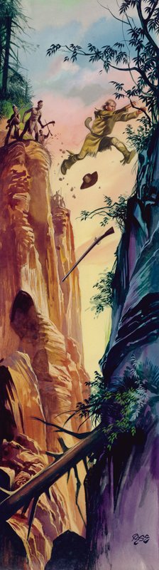 Amerikansk gränsvakt jagas av indianer (gouache på papper) av Ron Embleton
