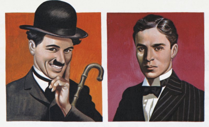 Charlie Chaplin, i kostym, och som han verkligen var (färglitografi) av Ron Embleton