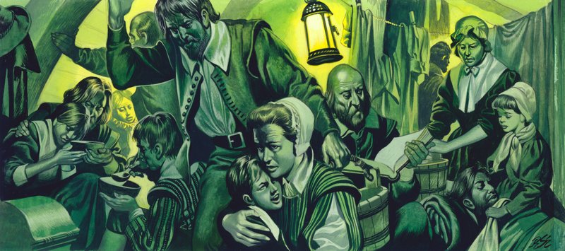 Trängsel på The Mayflower (gouache på papper) av Ron Embleton