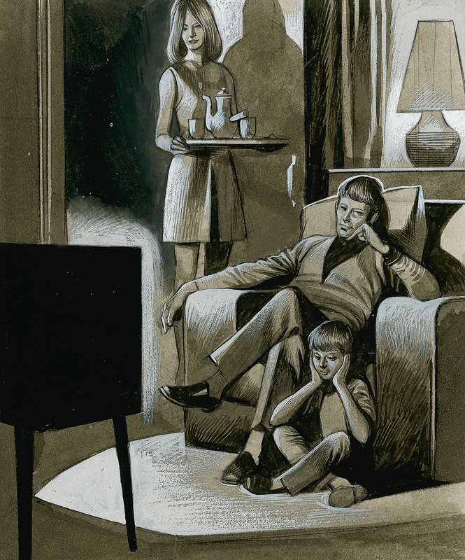 Familj tittar på svartvit tv på 1960-talet av Ron Embleton