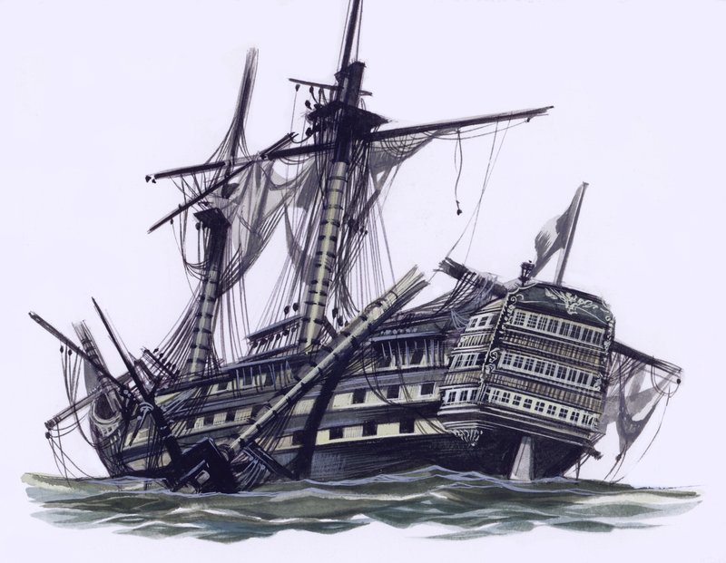 HMS Victory efter slaget vid Trafalgar, med bortskjuten mesantoppmast (gouache på papper) av Ron Embleton