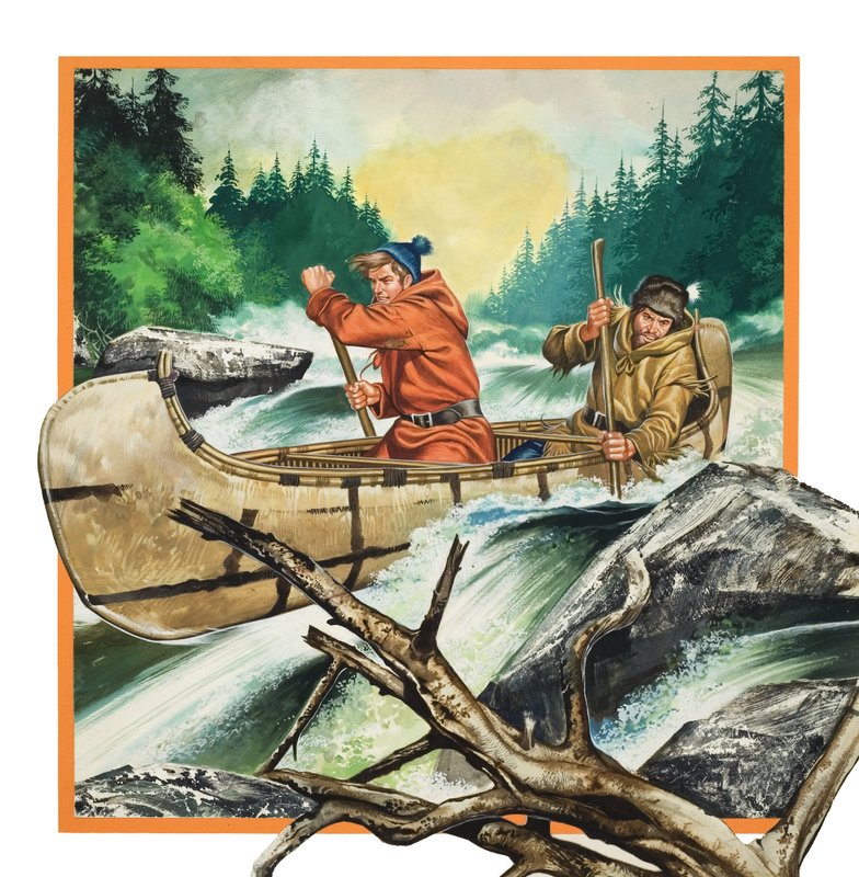 Jack London (1876-1917) på resa i en kanot (gouache på papper) av Ron Embleton
