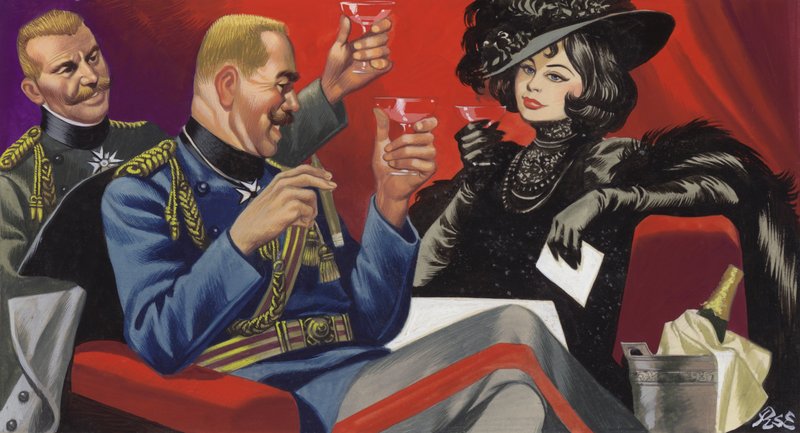 Mata Hari med en vän bland tyska överbefälhavare (gouache på papper) av Ron Embleton