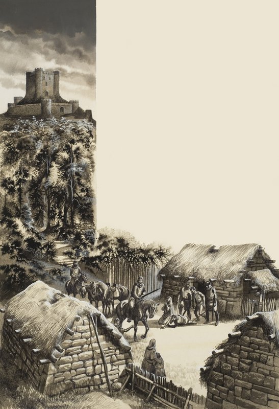 Medeltida by (gouache på papper) av Ron Embleton