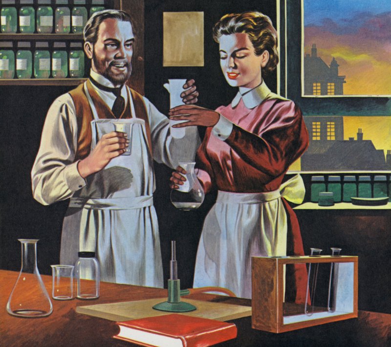 Pierre och Marie Curie i sitt laboratorium i Paris (färglitografi) av Ron Embleton