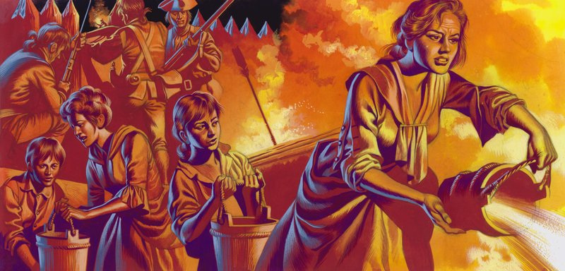 Nybyggare under attack av indianer (gouache på papper) av Ron Embleton