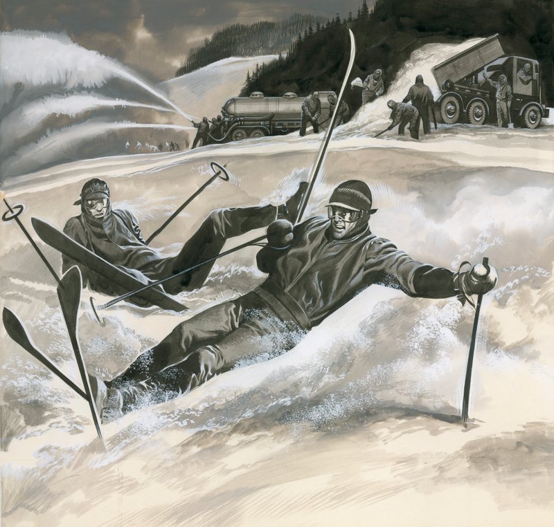 Skidåkare och snömaskiner av Ron Embleton