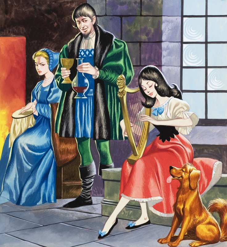 Snövit spelar harpa för sin far (gouache på papper) av Ron Embleton
