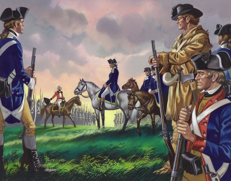 General Cornwallis kapitulation inför den amerikanske befälhavaren vid Yorktown, Virginia den 19 oktober 1781 () (gouache på papper) av Ron Embleton