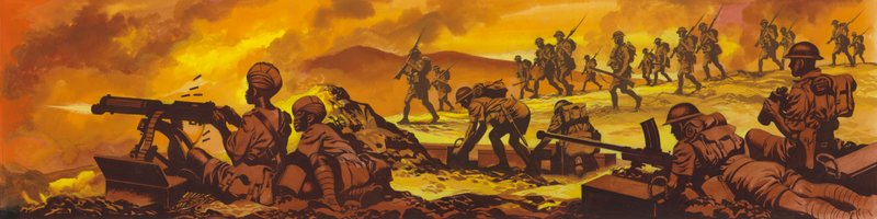 Slaget vid Keren, British Armys indiska och sudanesiska trupper vann (gouache på papper) av Ron Embleton