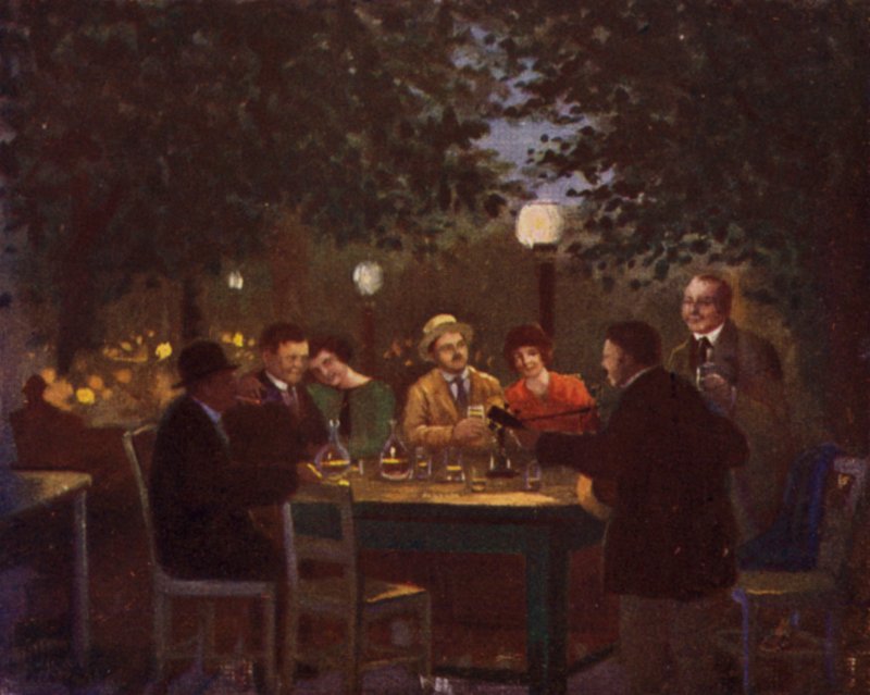 Ett "Heurigen" parti (färg litho) av Rudolf Klingsbogl