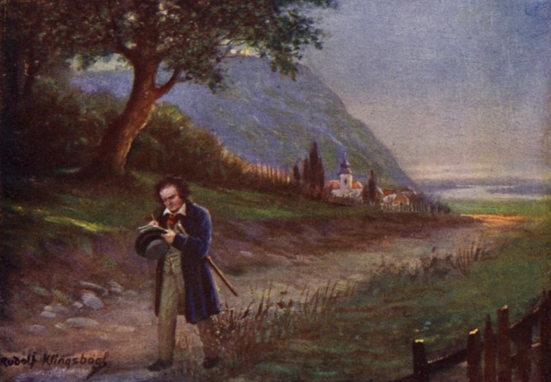 Beethoven på sin morgonpromenad i Wienförorten Kahlenbergerdorf (färg litho) av Rudolf Klingsbogl