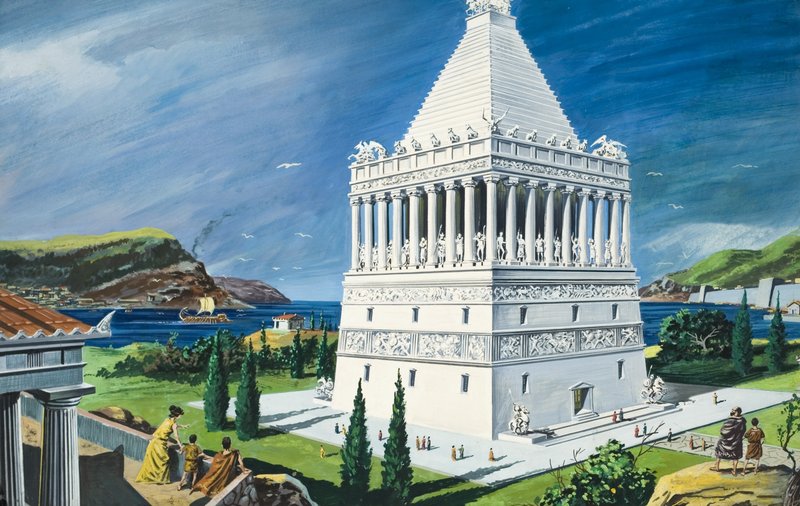 Mausoleet i Halikarnassos, färdigställt 353 f.Kr. (gouache på papper) av Ruggero Giovannini