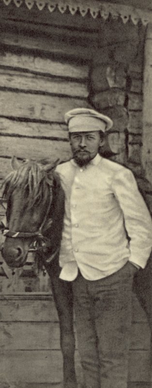 Anton Tjechov på sin egendom Melikhovo, Ryssland, juni 1898 (s/v foto) av Russian Photographer