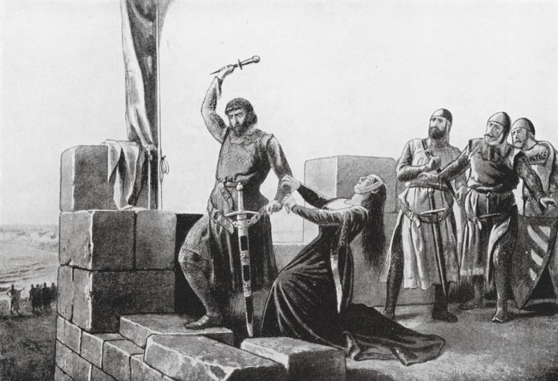 Alonso de Guzman kastar sin dolk till Don Juan (litografi) av Salvador (after) Martinez Cubells