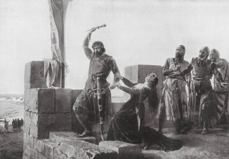 Alonso de Guzman kastar sin dolk till Don Juan (litografi) av Salvador (after) Martinez Cubells