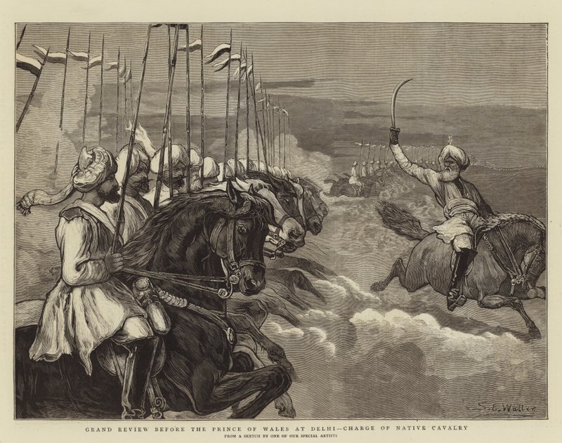 Grand Review inför prinsen av Wales i Delhi, laddning av inhemskt kavalleri av Samuel Edmund Waller