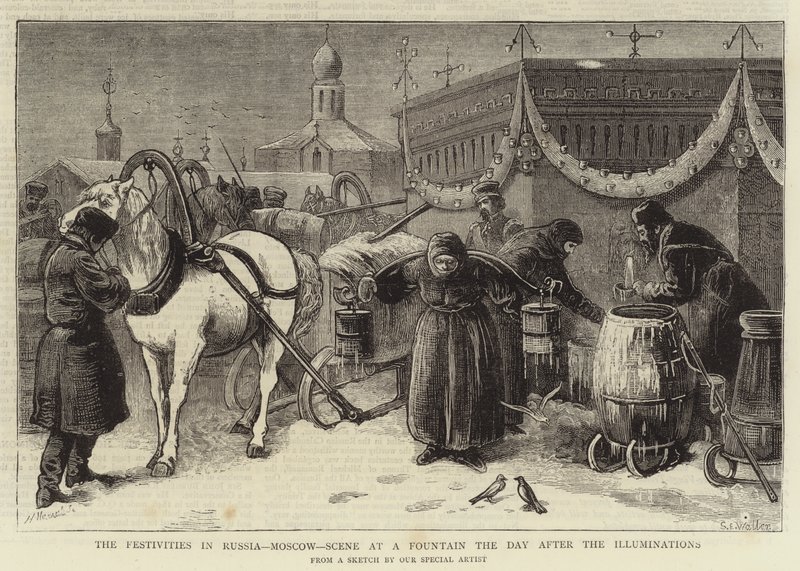 Festligheterna i Ryssland, Moskva, scen vid en fontän dagen efter belysningen av Samuel Edmund Waller