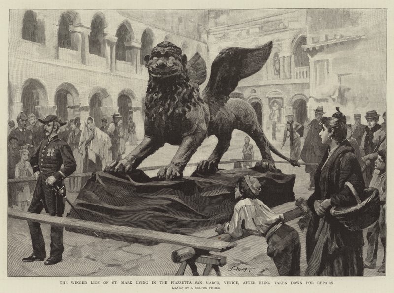 Det bevingade lejonet från St Mark ligger på Piazzetta San Marco, Venedig, efter att ha tagits ner för reparation av Samuel Melton Fisher