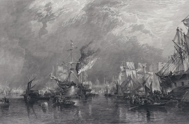 The Port of London (gravyr) av Samuel (after) Bough
