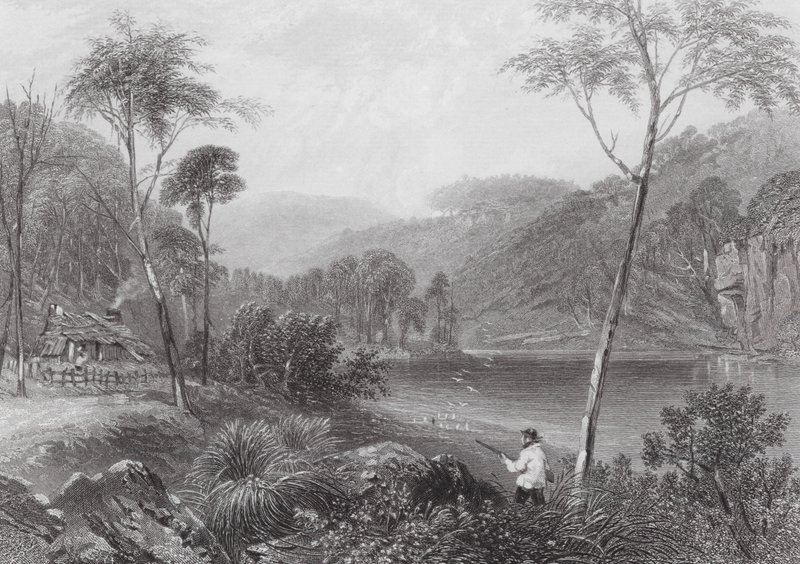 Australien: Fairlight Glen, vid floden Warragamba (gravyr) av Samuel (after) Prout