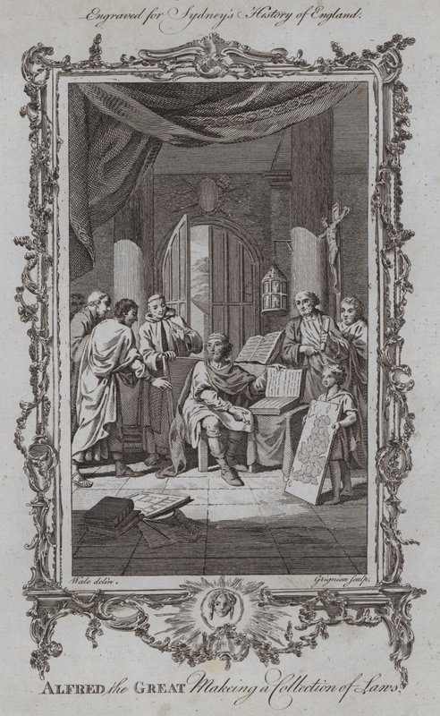 Alfred den store gör en samling lagar (gravyr) av Samuel (after) Wale