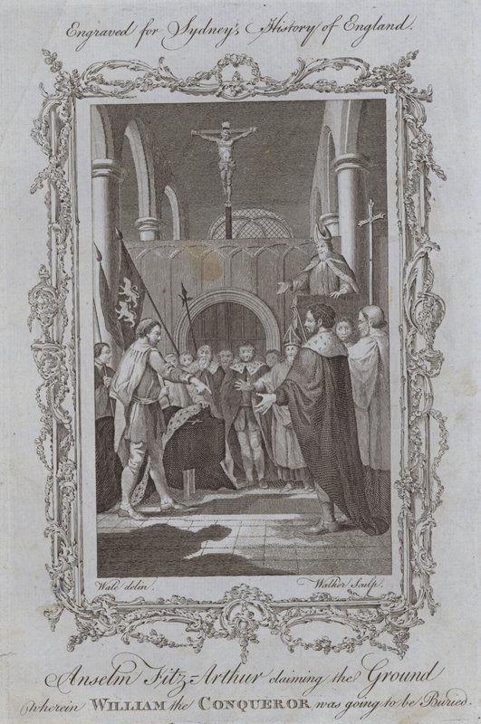 Anselm Fitz-Arthur gör anspråk på marken där Vilhelm Erövraren skulle begravas (gravyr) av Samuel (after) Wale