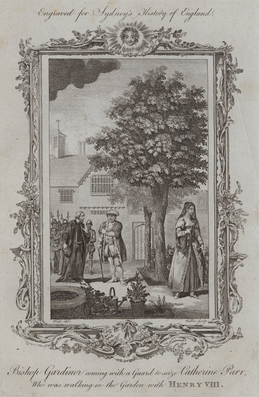 Biskop Gardiner kommer med en vakt för att gripa Catherine Parr, som gick i trädgården med Henrik VIII (gravyr) av Samuel (after) Wale