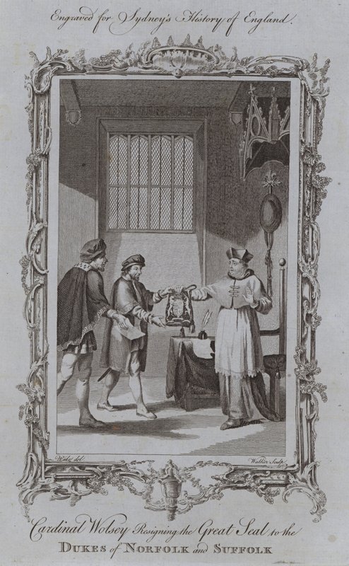 Kardinal Wolsey avsäger sig det stora sigillet till hertigarna av Norfolk och Suffolk (gravyr) av Samuel (after) Wale