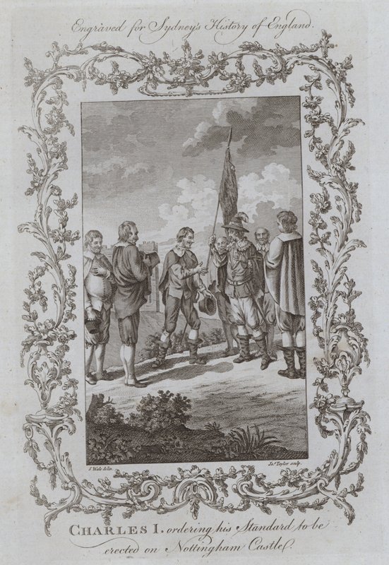 Charles I beordrade att hans standard skulle resas på Nottingham Castle (gravyr) av Samuel (after) Wale