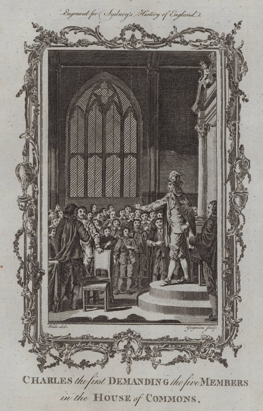 Charles den första som kräver de fem ledamöterna i underhuset (gravyr) av Samuel (after) Wale