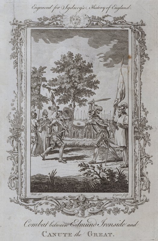 Strid mellan Edmund Ironside och Knud den store (gravyr) av Samuel (after) Wale