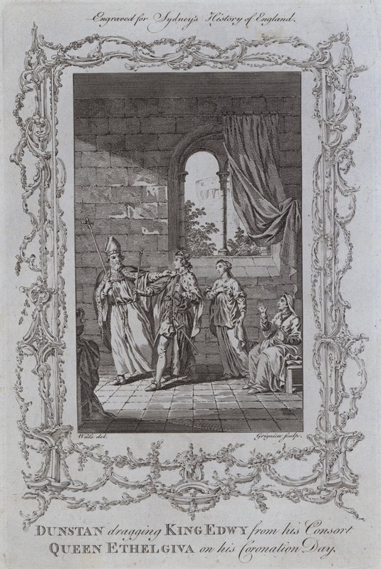 Dunstan släpar kung Edwy från sin gemål, drottning Ethelgiva på sin kröningsdag (gravyr) av Samuel (after) Wale