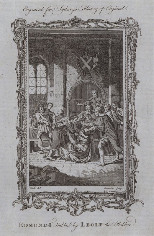 Edmund I knivhuggen av Leolf the Robber (gravyr) av Samuel (after) Wale