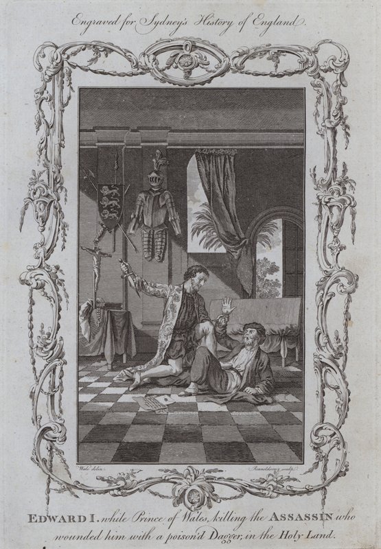 Edward I, medan prins av Wales dödade lönnmördaren som skadade honom med en förgiftad dolk, i det heliga landet (gravyr) av Samuel (after) Wale