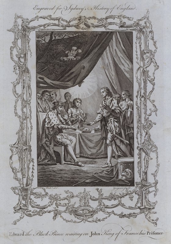 Edward den svarte prinsen väntar på John King of France hans fånge (gravyr) av Samuel (after) Wale