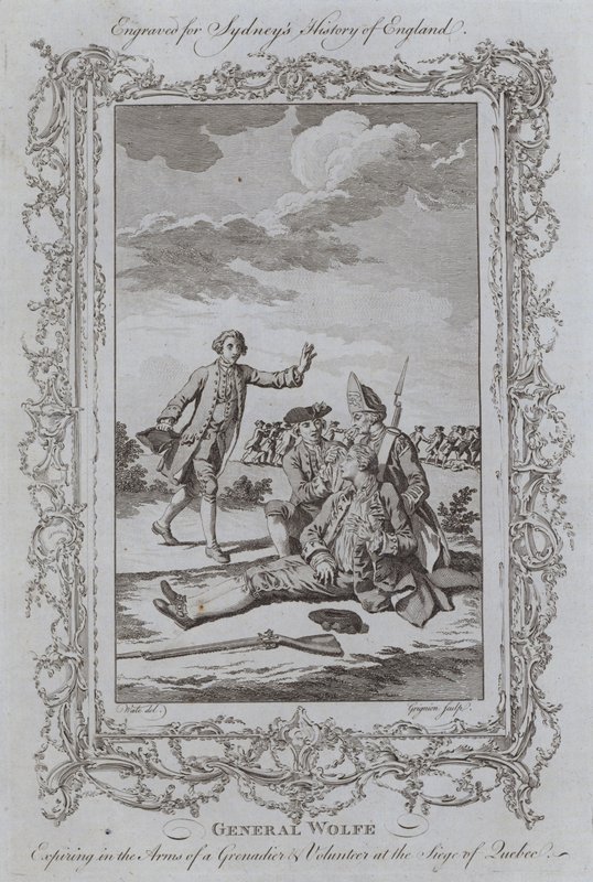 General Wolfe förfaller i armarna på en grenadjär och volontär vid belägringen av Quebec (gravyr) av Samuel (after) Wale