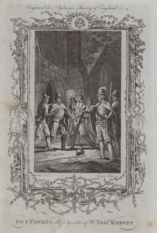 Guy Fawkes greps på order av Sir Thomas Knevet (gravyr) av Samuel (after) Wale
