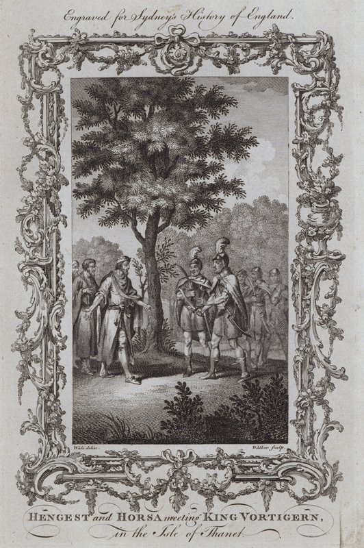 Hengest och Horsa möter kung Vortigern, på Isle of Thanet (gravyr) av Samuel (after) Wale
