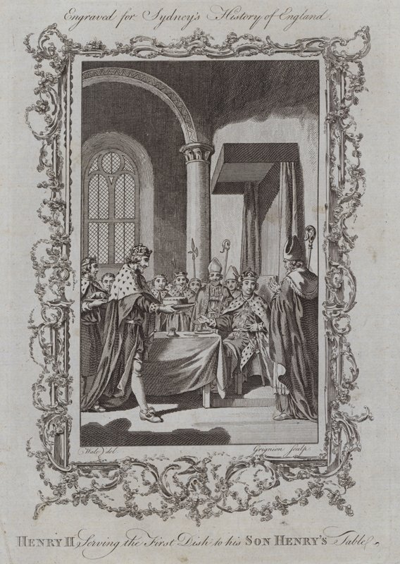 Henry II serverar den första maträtten till sin son Henrys bord (gravyr) av Samuel (after) Wale
