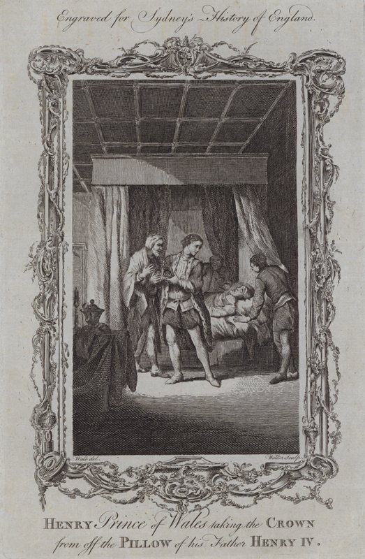 Henry Prince of Wales tar kronan från kudden på sin far Henrik IV (gravyr) av Samuel (after) Wale